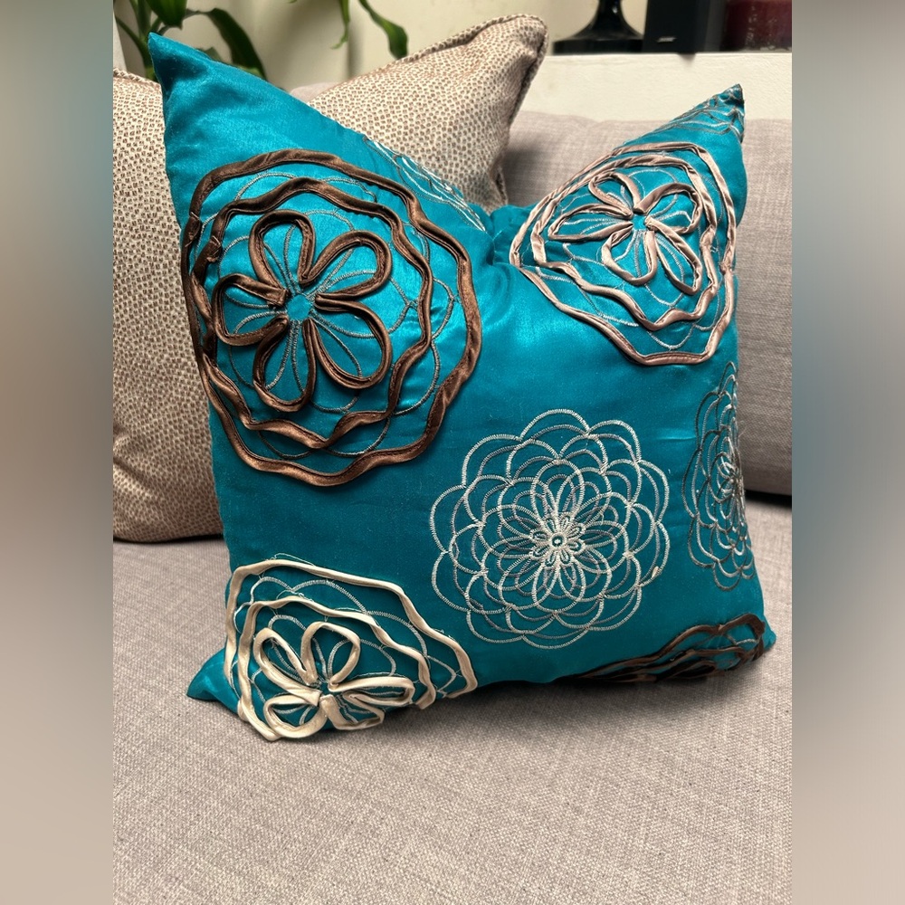 Faux Silk Taffeta Embroidered Appliqué Flowers Pillow COVER ONLY
#09192410